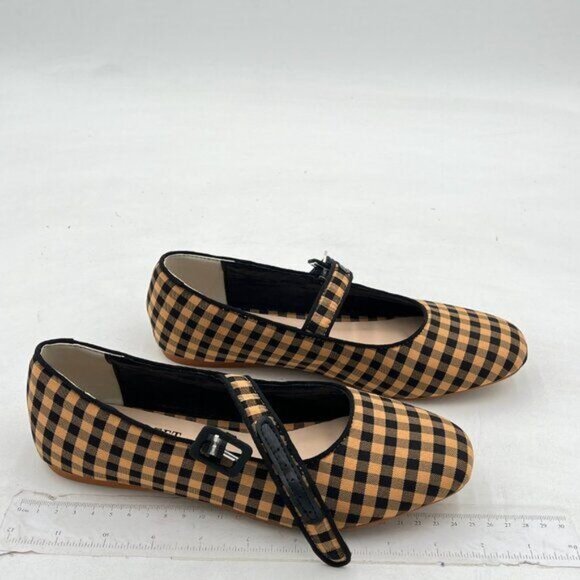 Miss left Yellow Black Plaid Buckle Strap Mary Jane Round Toe Ballet Flats - Picture 4 of 8